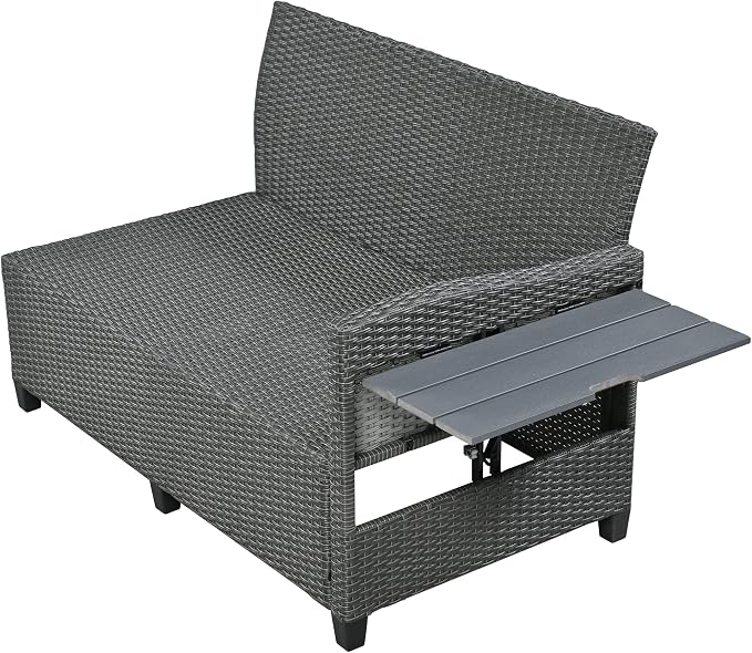 Polibi 5-Piece Outdoor Sectional Conversation Set Sofa, Rattan Wicker L-Shaped Patio Furniture Sets with 2 Extendable Side Tables, Patio Dining Table,Patio Benches for Outdoors,Grey