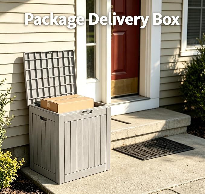 LAUSAINT HOME 31 Gallon Resin Deck Box, Package Delivery Box with Lockable Lid, Waterproof Outdoor Storage Box For Garden Tools, Patio Cushions(31 Gallon,Grey)