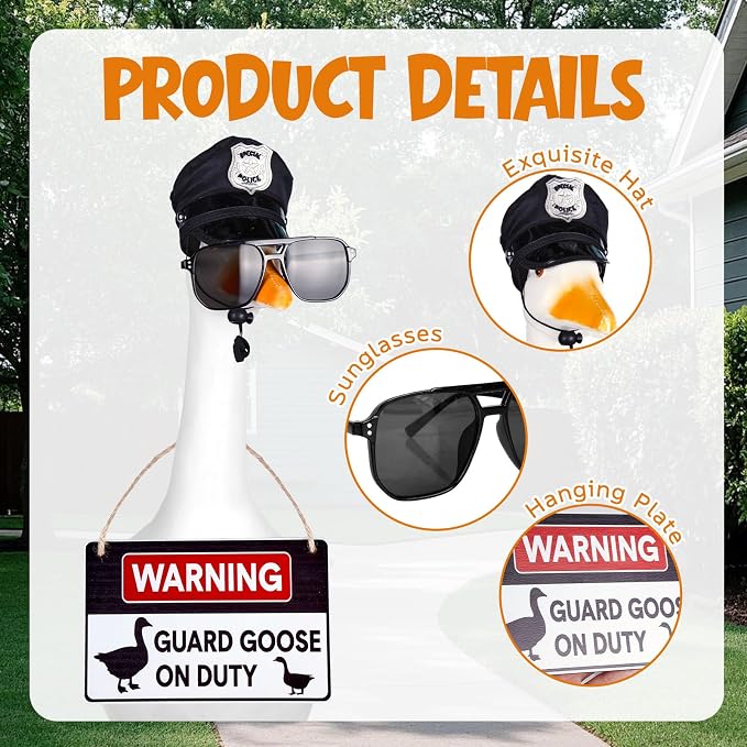 Police Goose Outfits 23” Lawn Porch Goose Police Hat Eyeglasses Tie Wooden Porch Geese Duty Warning for Yard Garden Patio Decoration