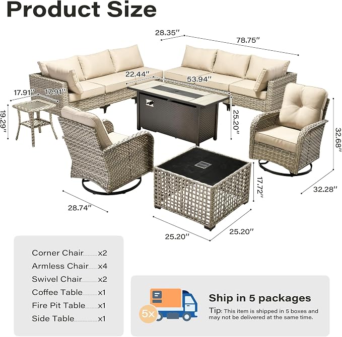11 Pieces Outdoor Sectional Patio Furniture Set with 54" Fire Pit,Wicker Conversation Sets Rattan L Shaped Couch Swivel Rocking Chairs,Modular Outdoor Sofa for Porch Balcony Backyard Beige