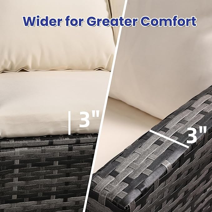 FHFO 4 Piece Outdoor Wicker Patio Furniture Set, Grey/Beige | Sectional Sofa | All-Weather Hand-Woven Rattan | Tempered Glass Coffee Table | Durable Fabric | Indoor & Outdoor Use