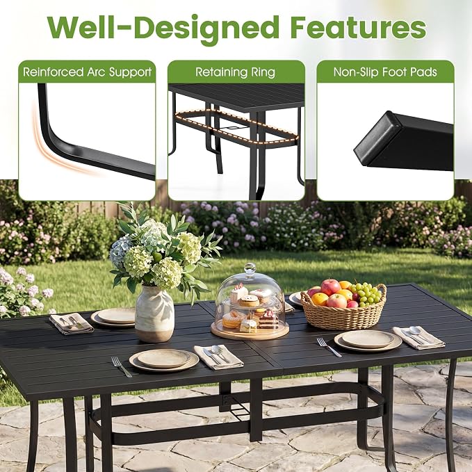 Tangkula 7 Pieces Patio Dining Set for 6, 63” x 33” Outdoor Rectangle Metal Table with Umbrella Hole & 6 Stackable Breathable Mesh Armchairs, Outside Furniture Set for Backyard, Garden & Porch (Brown)