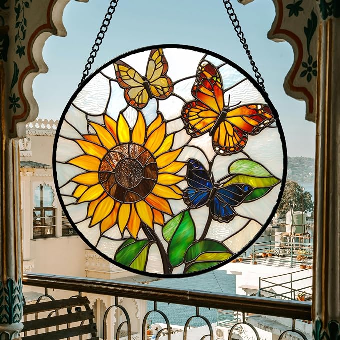DASTOLL Stained Glass Window Hanging, Butterfly and Sunflowers Sun Catchers Glass Panel Plant Insects Suncatcher Decor for Birthday for Women, Men, Wife, Aunt, and Mom 14.9x14.9 in