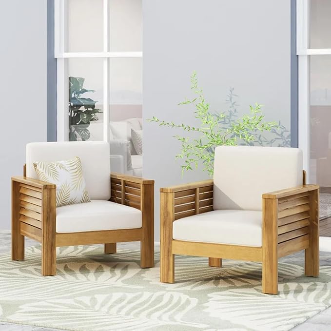 Merax 2 Pcs Outdoor Acacia Wood Club Chairs Patio Conversation Set with Cushions for Backyard