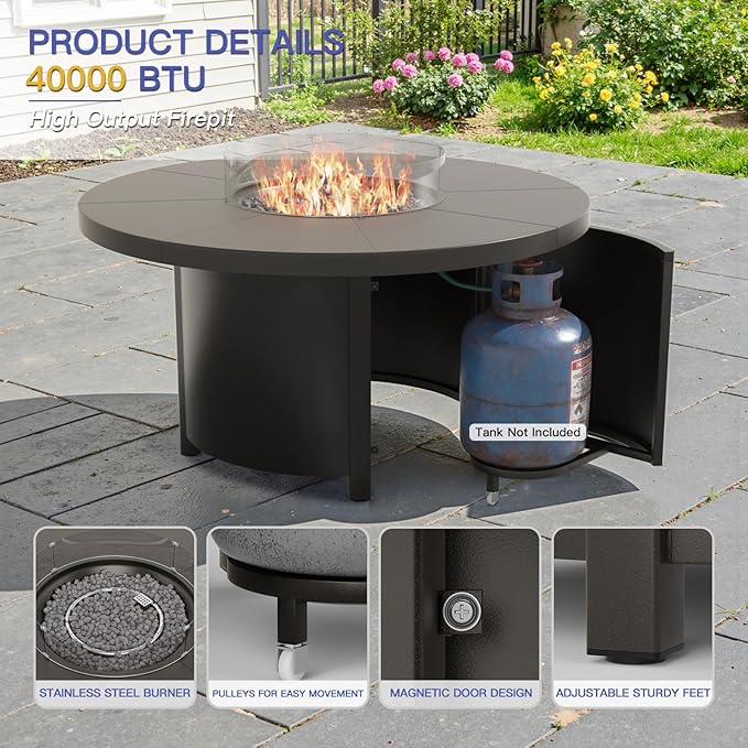 Kurapika 5 Piece Metal Moden Outdoor Patio Furniture Set with Round Fire Pit Table, Patio Conversation Sets 4 Swivel Chairs with Thick Cushion and 40000 BTU Fire Pit Table, for Yard Deck, Navy Blue