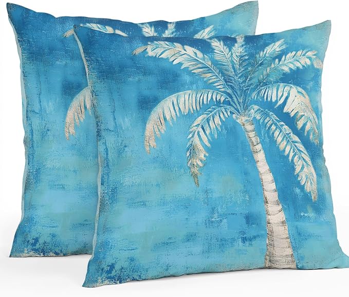 Coastal Beach Tree Blue Outdoor Waterproof Pillow Covers, Vintage Summer Palm Tree Decorative Square Throw Pillowcase, Tropical Botanical Sofa Cushion Sham for Patio/Couch/Chair, 24"x24" 2 Pack