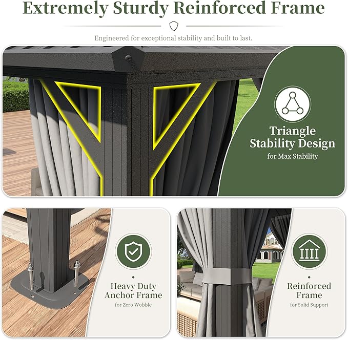 Aoxun 14'x10' Hardtop Gazebo with 4 LED Lights, Outdoor Gazebo with Galvanized Steel Double Roof, Patio Gazebo with Breathable Netting & Privacy Curtain, Decor Hooks for Backyard, Gray