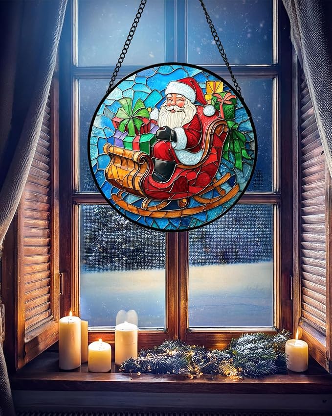 DASTOLL Stained Glass Window Hanging - Red Santa Claus Gift Box Suncatcher for Doors Home Christmas Decoration Winter Sun Catcher Thanksgiving New Year Birthday Gift for Women Men Mom Nana 6.3 in