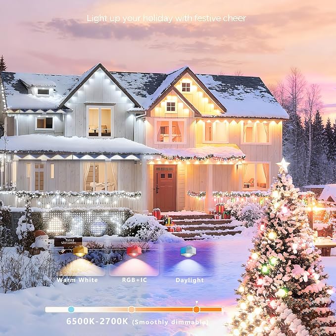 Permanent Outdoor Lights for House,100ft RGB+IC Color Eave Lights | Tunable Warm to Cool White 60lm for Daily Lighting,Super Bright, IP67 Waterproof, Alexa Google APP Remote Control