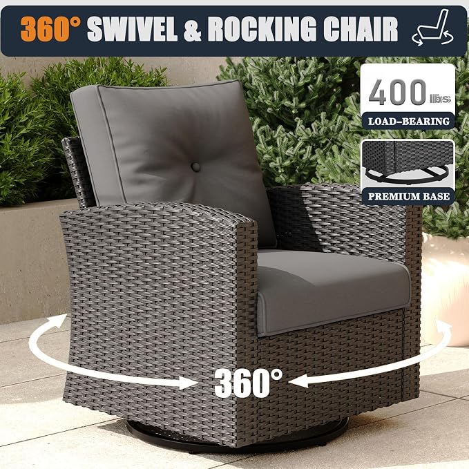 Patio Furniture Set with Fire Pit Table, 10 Pieces Outdoor All-Weather Wicker Conversation Sectional Chair Sofa Set with 2 Swivel Chairs
