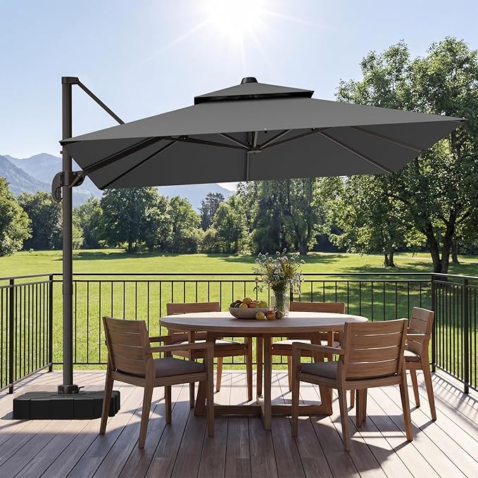 GENTEACO 10X10 FT Cantilever Umbrella, Large Offset Patio Umbrella with Double Top, 6 Angle Tilts & 360° Rotation, Large Square Sun Umbrellas for Outdoor Patio Pool Deck Market, Grey
