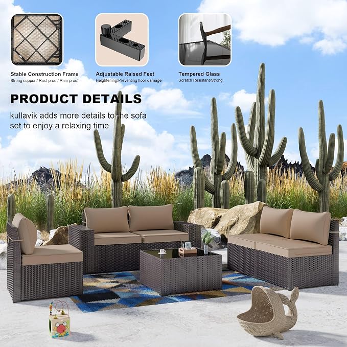 Kullavik 10PCS Outdoor Patio Furniture Set,PE Wicker Rattan Sectional Sofa Patio Conversation Sets with 43" 55000BTU Gas Propane Fire Pit Table,Swivel Rocking Chairs Set,Sand