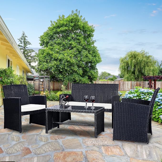 HAPPYGRILL 4pcs Patio Furniture Set Rattan Wicker Conversation Set Outdoor Sofa Wicker Table & Chair Set with Cushions for Garden Lawn Pool Backyard