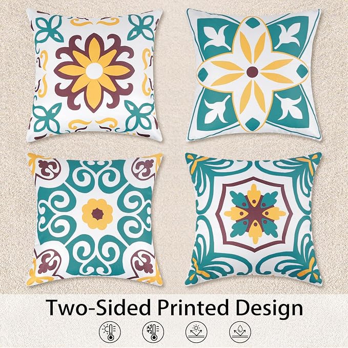 Pyonic Turquoise Outdoor Pillow Covers 18x18 inch Set of 4 | Morocco Vintage Floral Boho Pillow Covers Water Resist Outdoor Pillows for Patio Furniture Garden Yard