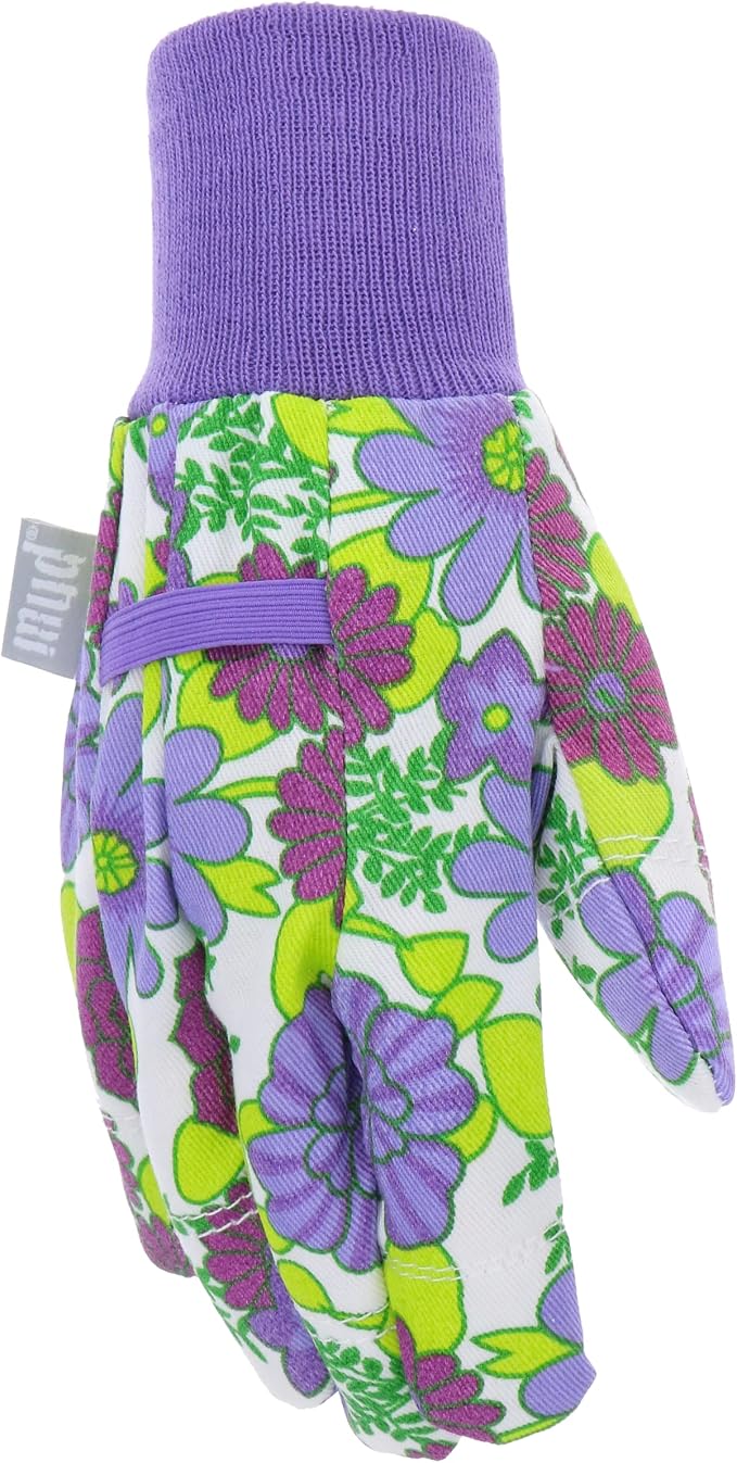 MUD Jersey & Chore Women's Garden Glove, Breathable, Elastic, Reinforced Fingertips, Purple Floral, M/L