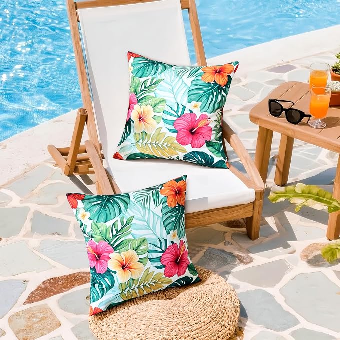 Outdoor Pillow Covers 18x18 Inch Set of 2 Tropical Floral Plants Boho Throw Pillows Cases Waterproof Square Garden Cushion Sham for Patio Funiture Tent Balcony Bench Sofa Couch, Green