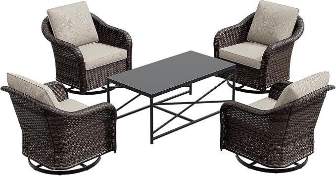 5 Pieces Outdoor Patio Conversation Furniture Set, 4 Pieces Rattan Glider 360 Degree Swivel Rocker Chairs with Removable Cushions, Coffee Table for Porch, Poolside (Beige)