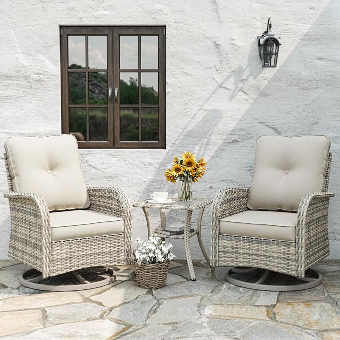 Outdoor Patio Furniture Set Patio Rocking Swivel Chair with Tempered Glass Side Table, Outdoor Wicker Rattan Bistro Set with Ottomans for Garden, Deck, and Balcony, White