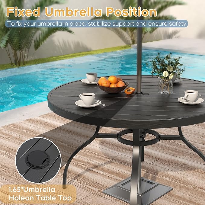 Outdoor Patio Dining Set for 6, 7 Pieces Patio Table and Chairs Set with Umbrella Hole, 47"x 47" Round Metal Wood-Grain Dining Table Set with 6 Stackable Patio Chairs for Deck , Backyard, Porch
