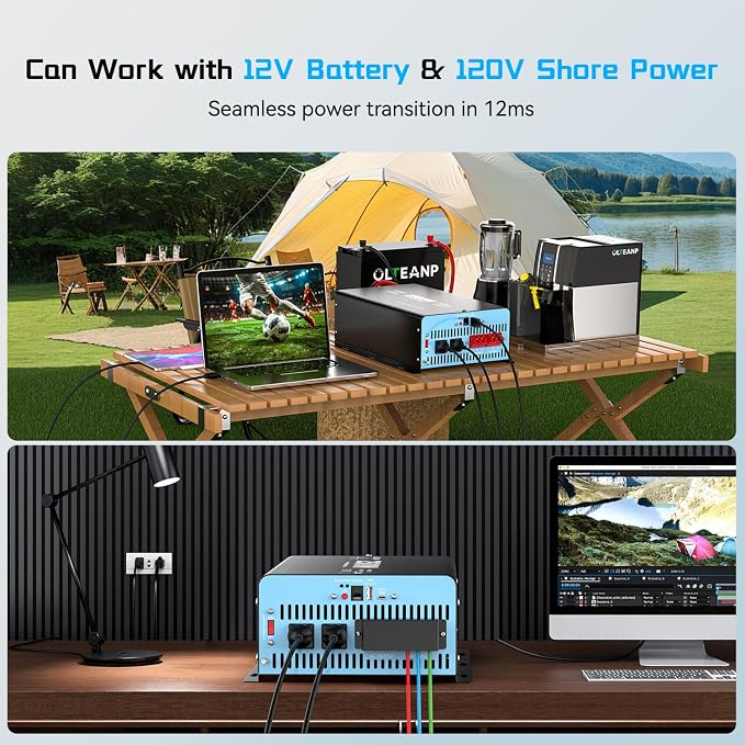 2500W Pure Sine Wave Power Inverter with Transfer Switch, 12V DC to 120V AC Converter, Auto Switch to Shore Power, 5000W Peak, Remote LCD Controller, USB & Type-C for RV, Truck, Off-Grid Use