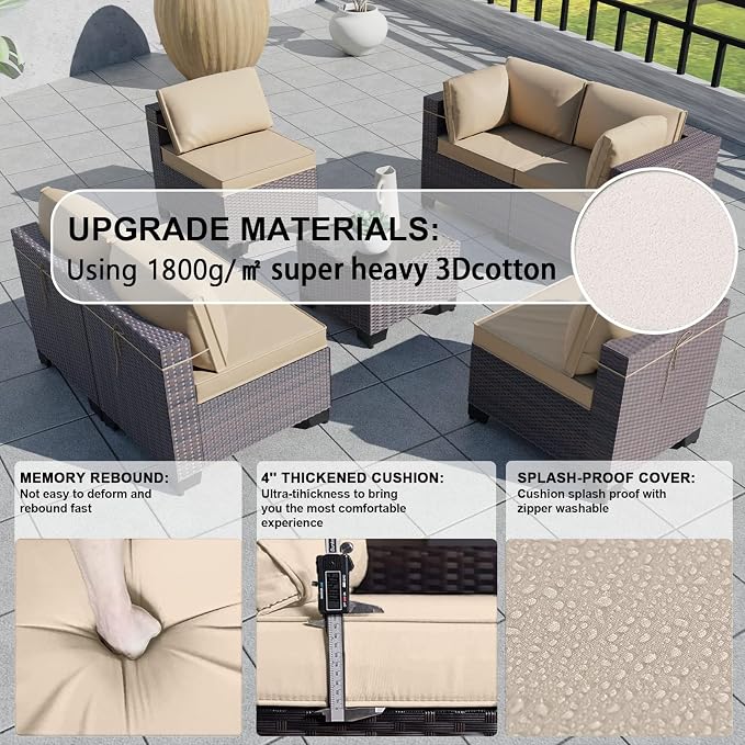 Kullavik 12PCS Outdoor Patio Furniture Set,PE Wicker Rattan Sectional Sofa Patio Conversation Sets with Tempered Glass Table,Swivel Rocking Chairs Set,Sand