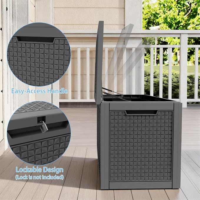 Pepe Tee Outdoor Deck Box, Lockable Waterproof Resin Storage Container with Wood-Look Design, 30 Gallon, Black (black, 101, Gallons)