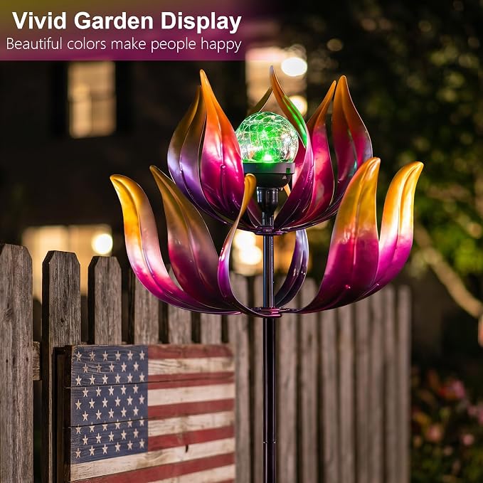 Solar Wind Spinners Outdoor for Yard and Garden, 61'' Lotus Kinetic Wind Sculptures with Color Changing LED Crackle Glass Globe, Metal Yard Art Decor for Patio Lawn, Garden Gifts for Women/Mother