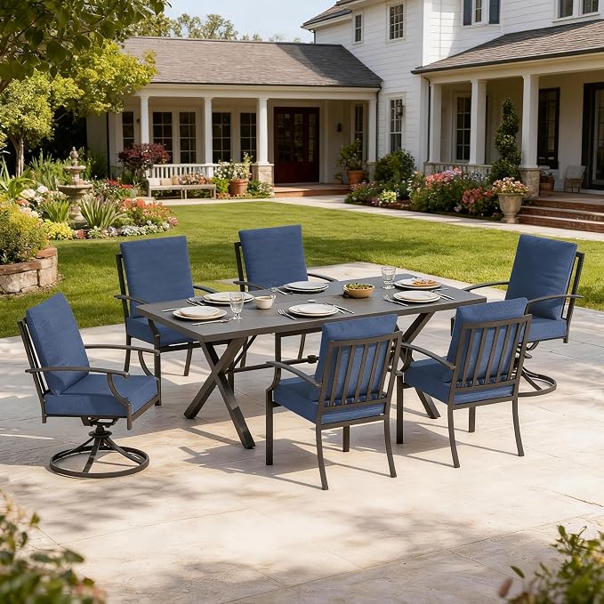 7 PCS Outdoor Patio Dining Set,Patio Table and Chairs Metal Outdoor Patio Furniture Set with Umbrella Hole,Dining Table Set with Swivel Chairs for Deck,Backyard and Garden,Navy Blue