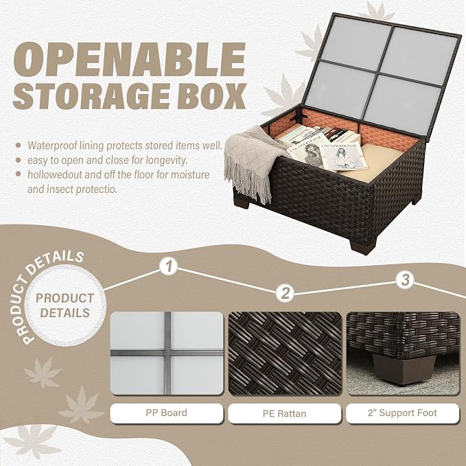 Rattan Star 6 Pieces Patio Outdoor Furniture Outdoor Conversation Sets Wicker Sofa Set with Outdoor Couch Patio Chairs Storage Coffee Table Khaki Cushions Waterproof Covers