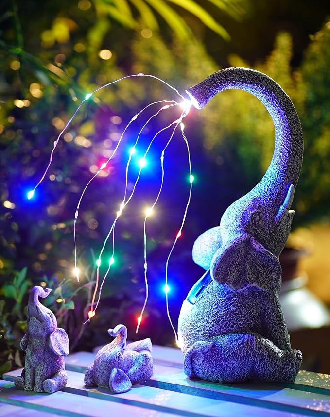 Goodeco Garden Elephant Statue Outdoor - Solar Watering Lights, Perfect for Yard, Patio, and Pathway Decor - Ideal Gardening Gifts