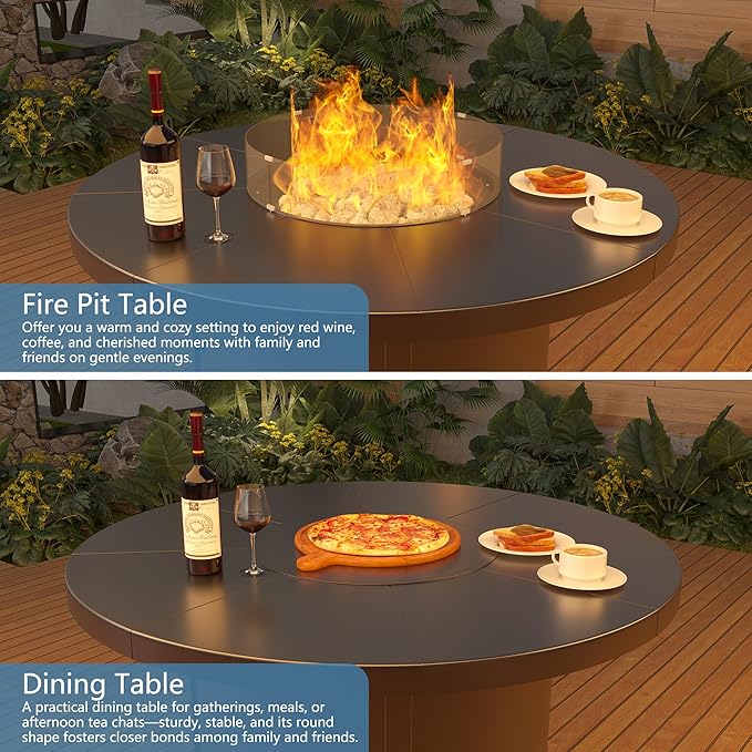 5 Pieces Outdoor Patio Furniture Set with 48" Round Propane Fire Pit Table,Patio Dining Set Outdoor Conversation Sets 4 Chairs for Deck,Backyard and Garden,Grey