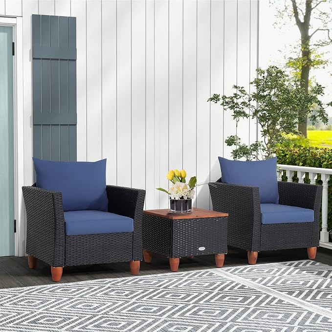 Tangkula 3 Piece Patio Furniture Set, Patiojoy Outdoor Wicker Rattan Bistro Sofa Set w/Washable Cushion, Acacia Wood Top Coffee Table, Conversation Set for Balcony Backyard Porch (Blue)