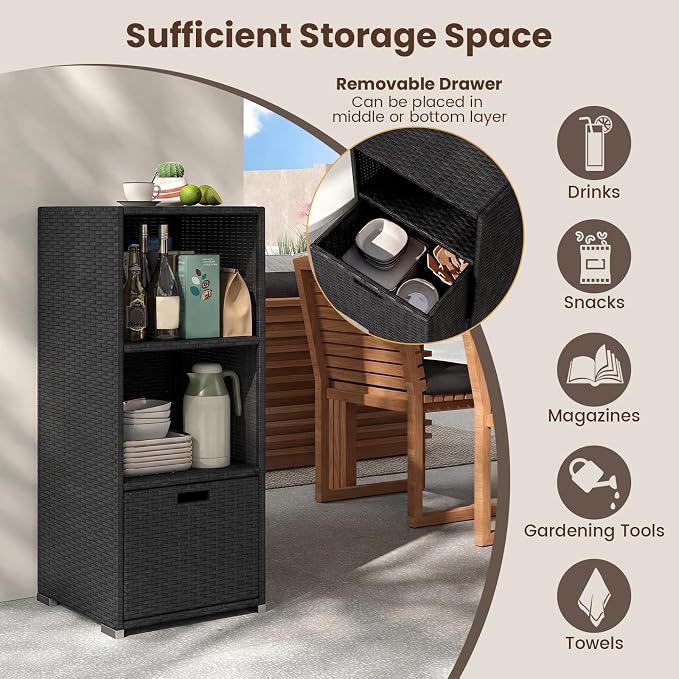 Tangkula Rattan Outdoor Storage Cabinet, Patiojoy Outdoor Wicker Cabinet with 3 Shelves, 1 Removable Drawer, Patio Storage Deck Box for Backyard Poolside Porch