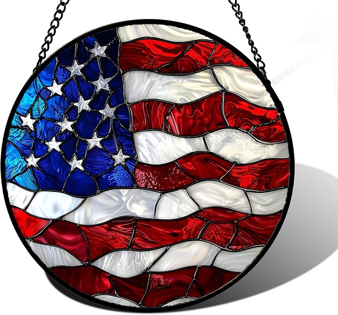 DASTOLL Stained Glass Window Hanging, Blue, White Red National Flag Pattern Sun Catchers Diamond Glass Panel Window Hangings Decor for Birthday Gifts for Women, Men, and Mom 11.8x11.8 in