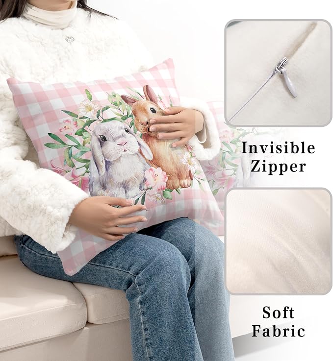 Spring Easter Pillow Covers 16x16 Pack of 2 Lovely Rabbit with Lily Flower Throw Pillow Covers Pink Plaid Bunny Pillow Case for Spring Easter Decoration Sofa Patio Garden