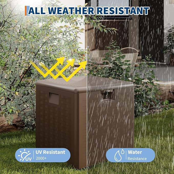 28 Gallon Outdoor Storage Box, Blow Molded Deck Box with Imitation Rattan Pattern, Heavy Duty Waterproof Resin Deck Box No Assembly Required, Lockable Patio Storage Box for Cushions Garden Tools Pool