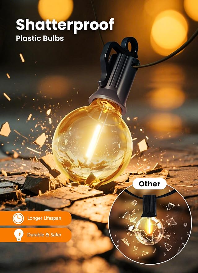100FT 52 LED Bulbs Outdoor String Lights, IP65 Waterproof String Lights | G40 Shatterproof Connectable Outside Patio Light for Backyard Porch Balcony Garden Decor Christmas Camping Gazebo
