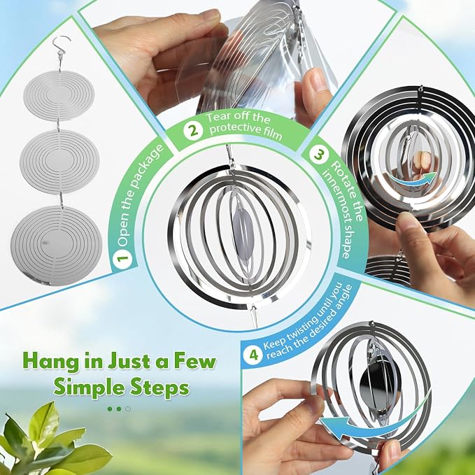 Bird Deterrents for Outside, 12 Discs Stainless Steel 3D Wind Spinners Garden Decor, 4 Sets Reflective Bird Scare Devices to Keep Woodpeckers, Pigeons Away from Patio, Balcony, Porch, Deck