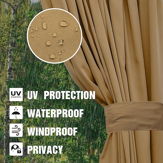 10'x12' Privacy Gazebo Curtains Outdoor Waterproof, 4-Panels Sidewall Curtains Universal Replacement with Zipper for Patio, Backyard, Garden (Only Curtains, Khaki)