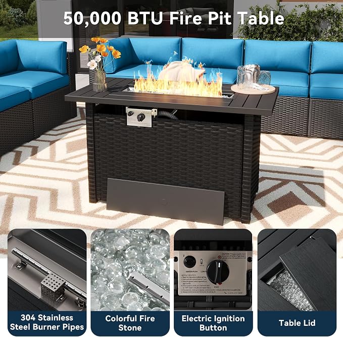 LazySunsets 8 Piece Outdoor Patio Furniture Set with 44'' Fire Pit Table, Outdoor Patio Furniture Set with Thicken Cushion, Wicker Rattan Outdoor Conversation Set for Backyard & Garden, Peacock Blue