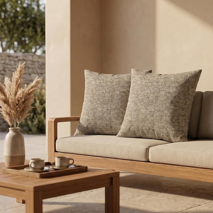 RSH DECOR: Sunbrella Square Throw Pillows Set of 2 | 20" x 20" | Water and Fade-Resistant Performance Fabric | Outdoor Pillow Covers with Down-Alternative Inserts | Made in USA (Berber Cafe)