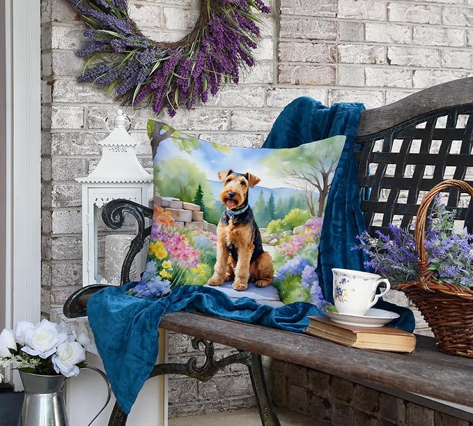 Caroline's Treasures Airedale Terrier Spring Garden Throw Pillow Machine Washable, Indoor Outdoor Decorative Pillow for Couch, Bed or Patio, 18Hx18W