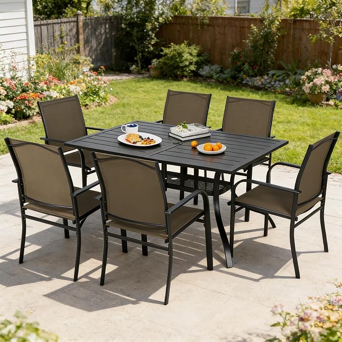 SUNCROWN 7 - Piece Outdoor Dining Set, Patio Furniture Set with 6 x Textilene Dinning Chairs and 1 Steel Slat Metal Bistro Table for Lawn Garden Backyard Deck, Brown