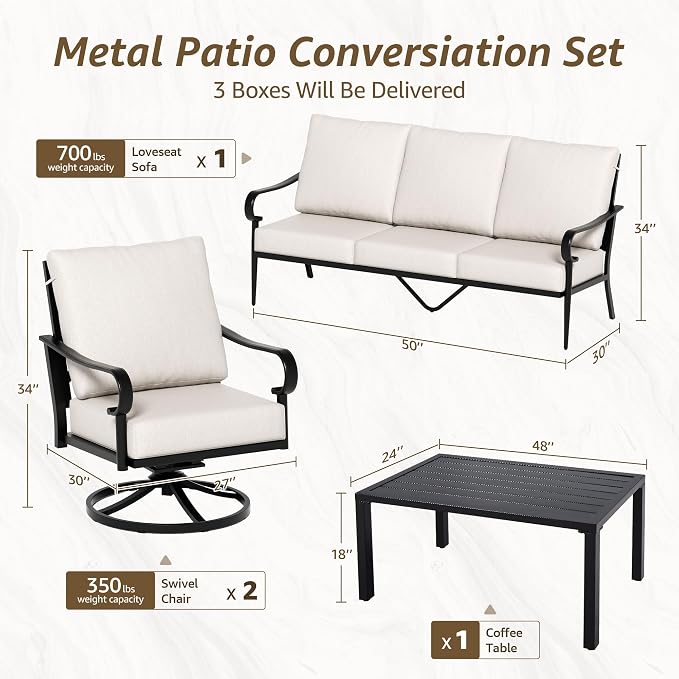NATURAL EXPRESSIONS 4 Piece Patio Furniture Set, Vintage Metal Outdoor Conversation Set with High Back Swivel Rocking Chairs, 3 Seater Sofa Chairs for Balcony, Porch