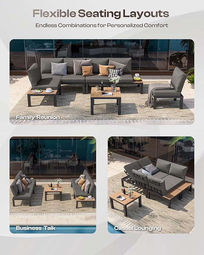Aluminum Modular Outdoor Patio Furniture Set, 6 Seats Patio Sectional Sofa Set with Adjustable Backrest & Thick Cushions, All-Weather Conversation Sets with Table for Garden & Yard, Graphite