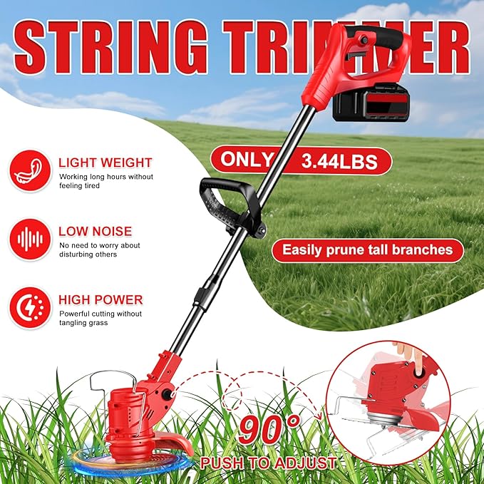 Electric Weed Wacker String Weed Eater Cordless Grass Trimmer 21V Battery Powered String Trimmer with 2x2.0ah Battery and Charger Brush Cutter/Edger/Mower with 3 Types Blade for Garden Lawn Turf(Red)