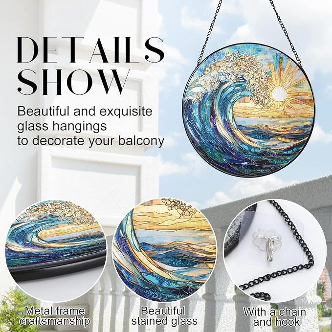 The Ocean Waves and The Sunrise Suncatcher Stained Glass Window Hanging | 7.9 in, Sun Catcher, Garden Decor