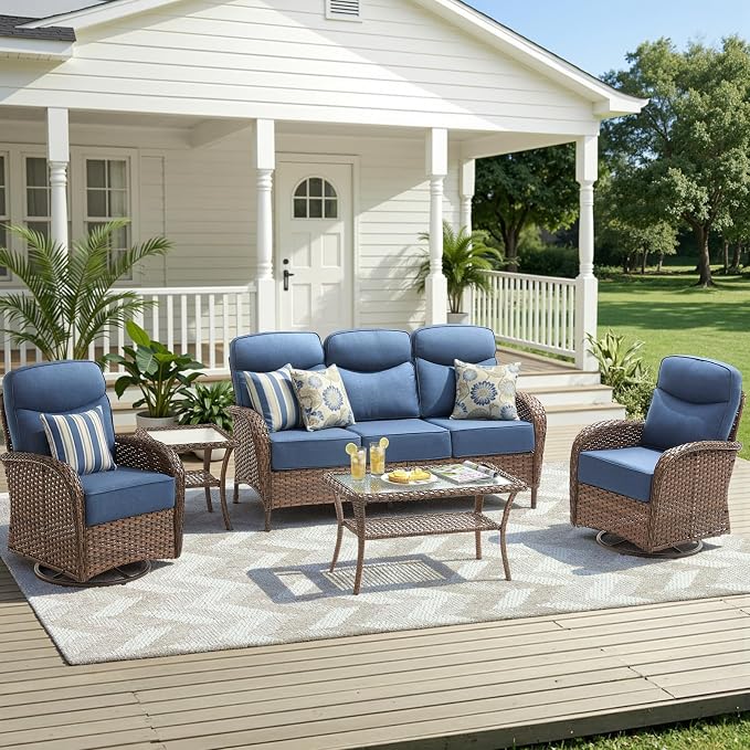 5 Pieces Luxury Patio Furniture Sets with 6-Inch Thick Cushions, High Back Swivel Outdoor Rocking Chairs Set of 2 with Multifunctional Ottoman, Wicker Conversation Set for Porch Garden, Blue