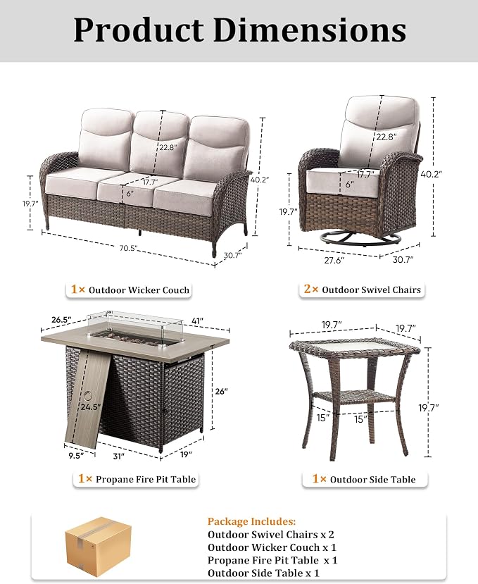 5-Piece Luxury Patio Furniture Set with 6-Inch Thick Cushions, High-Back Outdoor Swivel Rocker Chairs & Wicker 42" Fire Pit, All-Weather Conversation Set for Porch, Deck, Balcony or Backyard – Beige