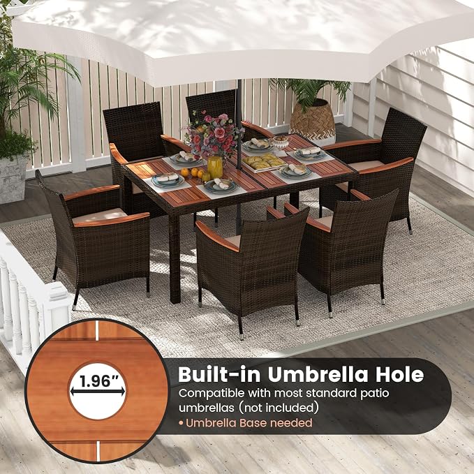 7 Pieces Outdoor Wicker Dining Set with Umbrella Hole, Patio Dining Furniture Set with Acacia Wood Table and Chairs, Garden Dining Table Set for Backyard, Desk, Poolside (Brown)